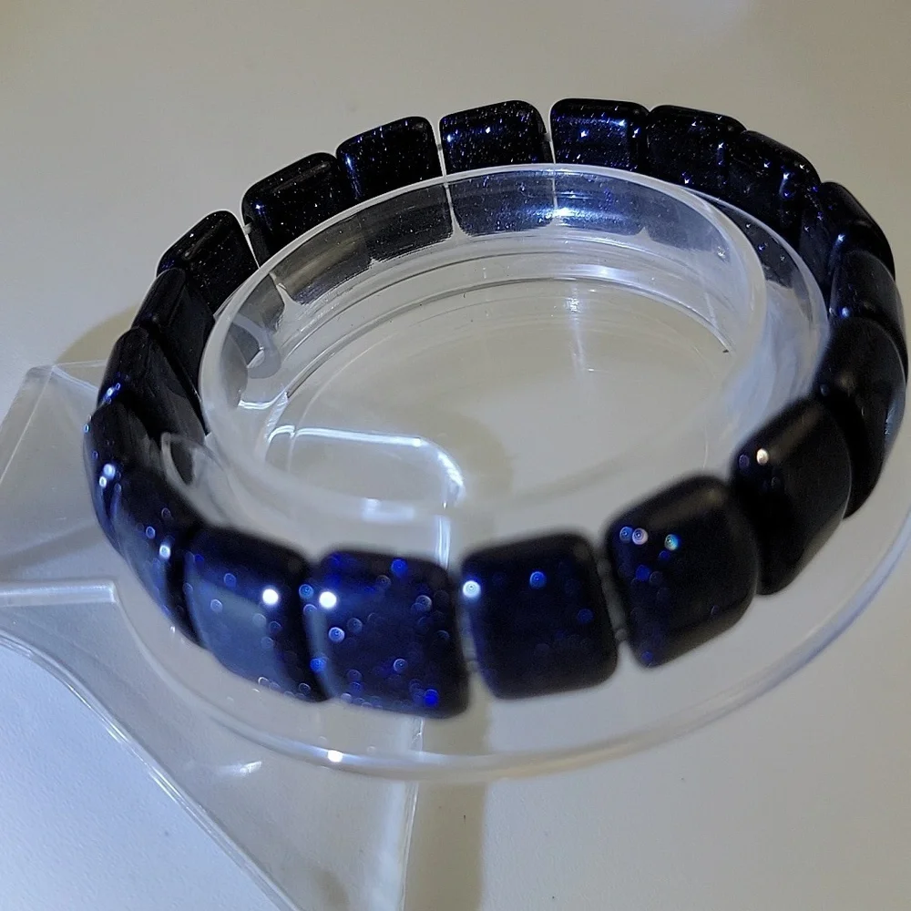 Blue Sandstone Sparkle Aventurine Glass 15mm Beaded Stretch Bracelet - Picture 4 of 6